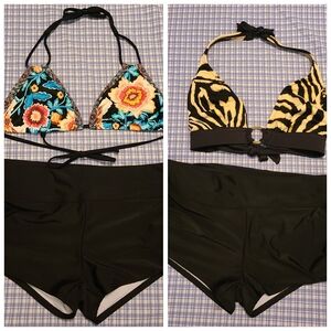 2 Women's 1 Floral/ 1 Anml Prnt Bkni Tp W Black Swim Shorts 2 Tps/1 Btm Sz L EUC